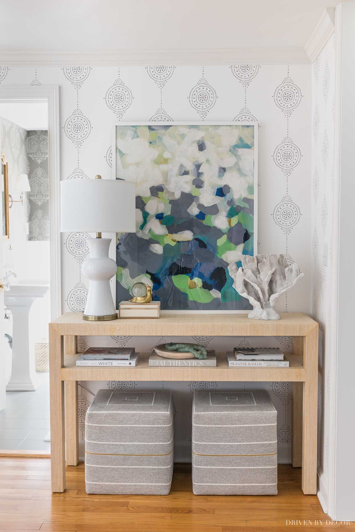 entryway-console-table-accessories So happy with how my entryway came together with wallpaper, console table, and accessories