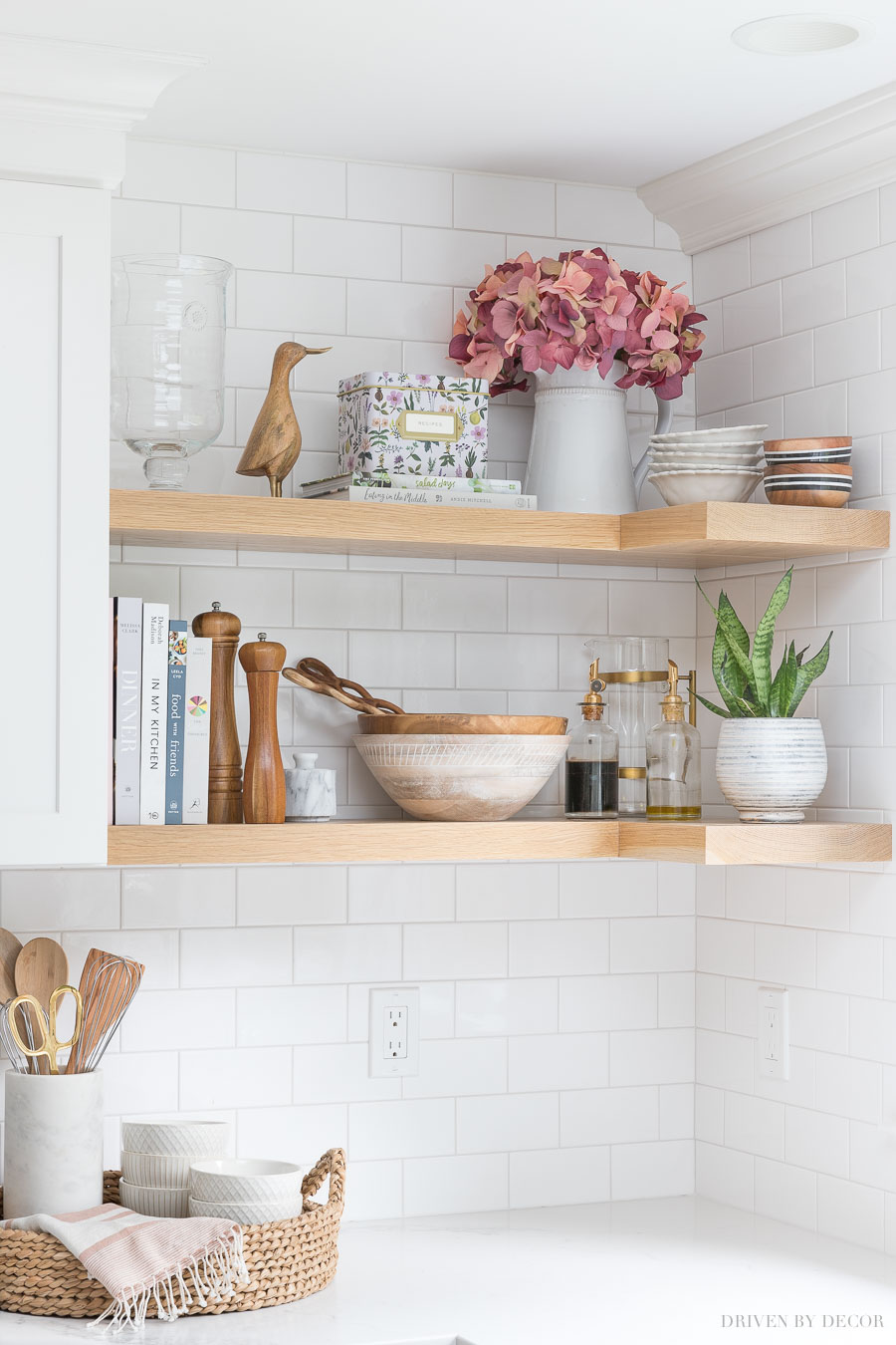 kitchen-open-shelving-faux-hydrangeas Faux hydrangeas that look real! Love them in a pitcher on this open kitchen shelving!